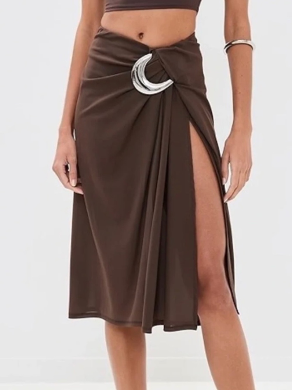 NWT STAUD Chiara Midi Skirt Small Dark Chocolate Mesh Buckle Side Slit Cover-Up
